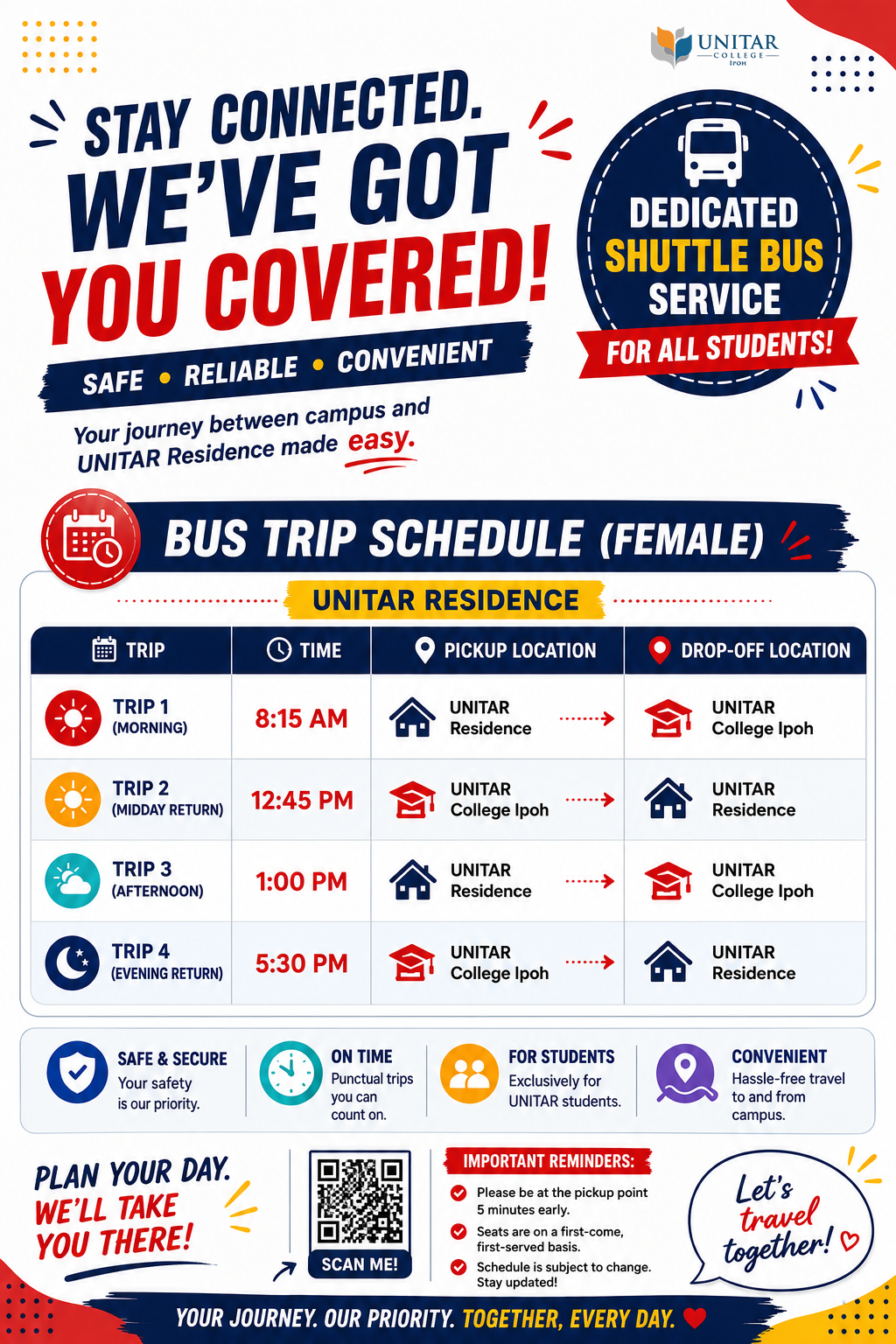 Bus Trip Schedule (Female) between UNITAR Residence and UNITAR College Ipoh — four trips daily at 8:15 AM, 12:45 PM, 1:00 PM and 5:30 PM