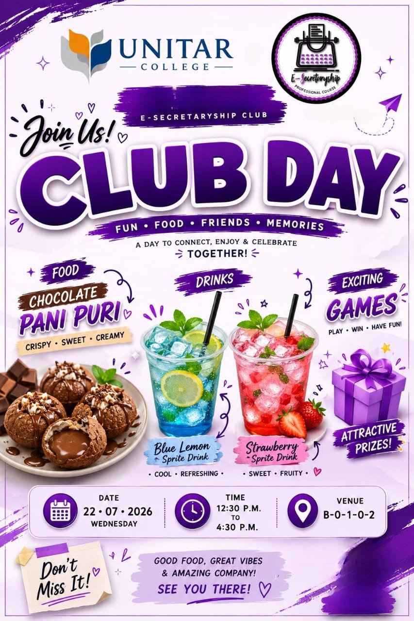 E-Secretaryship Club Day poster — 22 July 2026 at venue B-0-1-0-2, with chocolate pani puri, sprite drinks, games and prizes