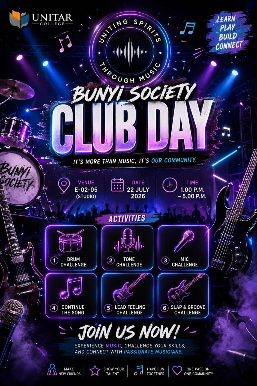 Bunyi Society Club Day poster — uniting spirits through music, 22 July 2026 at the studio, with drum, tone, mic and guitar challenges