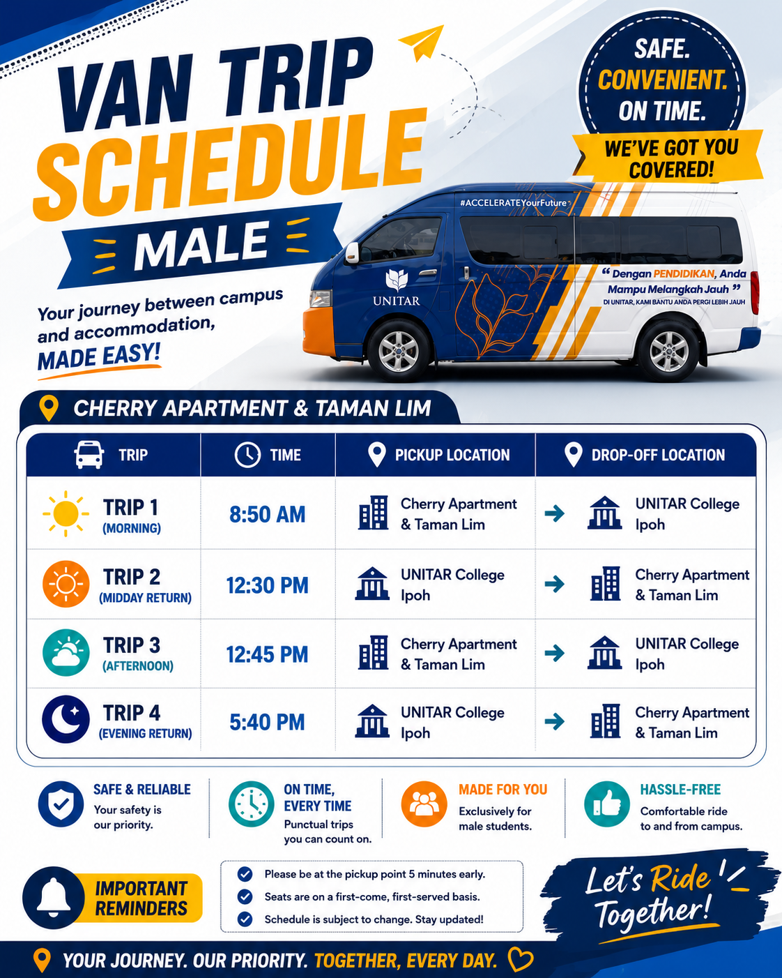 Van Trip Schedule (Male) between Cherry Apartment & Taman Lim and UNITAR College Ipoh — four trips daily at 8:50 AM, 12:30 PM, 12:45 PM and 5:40 PM