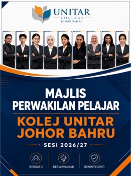 Majlis Perwakilan Pelajar Kolej UNITAR Johor Bahru poster for session 2026/27, with the SRC members pictured above the values Bersatu, Berwawasan, Berintegriti