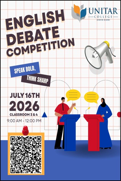 English Debate Competition poster — Speak Bold, Think Sharp, 16 July 2026 in Classroom 3 & 4, 9am to 12pm, with a registration QR code
