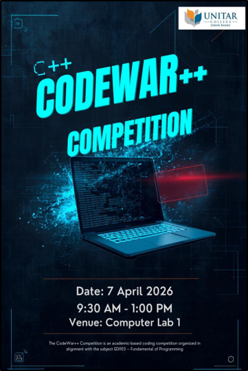CodeWar++ Competition poster — 7 April 2026, 9.30am to 1pm, in Computer Lab 1, an academic coding competition aligned with EDI103 Fundamental of Programming