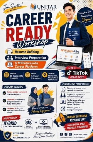 Career Ready Workshop poster — 30 July 2026 at Dewan Mini, covering resume building, interview preparation, and the MYFutureJobs career platform, streamed live on TikTok