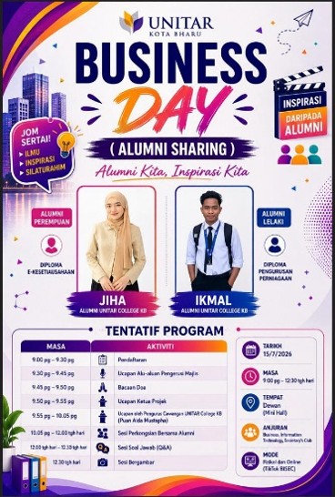 Business Day alumni sharing poster — 15 July 2026 at Dewan Mini Hall, with alumni Jiha and Ikmal and a full tentative programme
