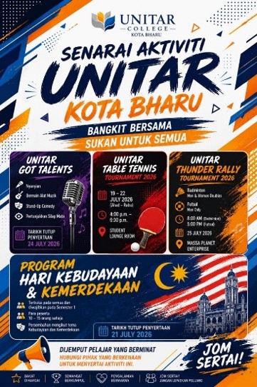 Senarai Aktiviti UNITAR Kota Bharu poster listing UNITAR Got Talents, the Table Tennis Tournament, the Thunder Rally Tournament, and the Hari Kebudayaan & Kemerdekaan programme