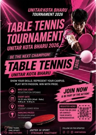 Table Tennis Tournament poster — UNITAR Kota Bharu 2026, running 19 to 22 July 2026 in the Student Lounge Room