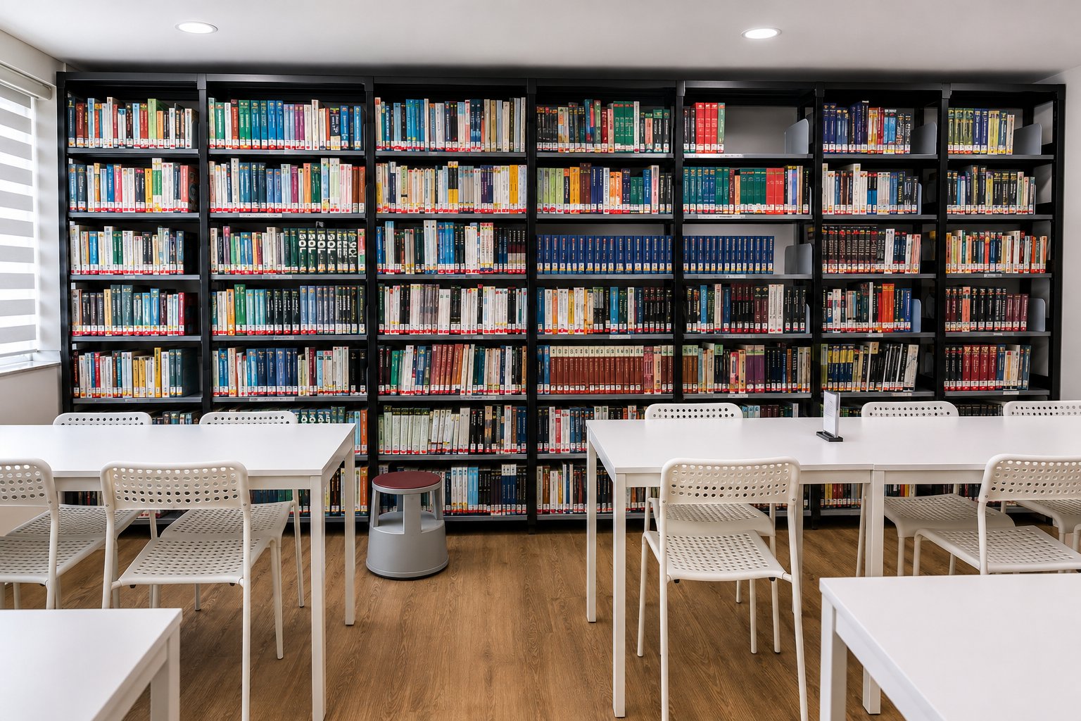 The campus library, with tall bookshelves fully stocked and rows of white study tables and chairs