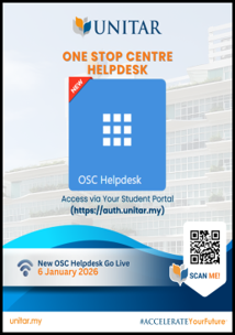 One Stop Centre Helpdesk poster: access via your Student Portal at auth.unitar.my, with a scan-me QR code and a go-live date of 6 January 2026