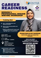 Career Readiness Session 1 poster — a professional resume writing workshop on 18 July 2026 with certified trainer Puan Balilah Hassan