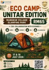 Eco Camp: UNITAR Edition poster — 17 and 18 July 2026 at Mangkuk Village Glamping Park, RM65, a CSR collaboration with EcoShed