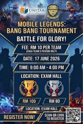 Mobile Legends: Bang Bang Tournament poster — battle for glory on 17 June 2026 at the Exam Hall, RM10 per team of five
