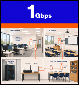 Campus network diagram showing the network room main hub and splitter feeding satellite hubs in the open office area, classroom, and study and collaboration area