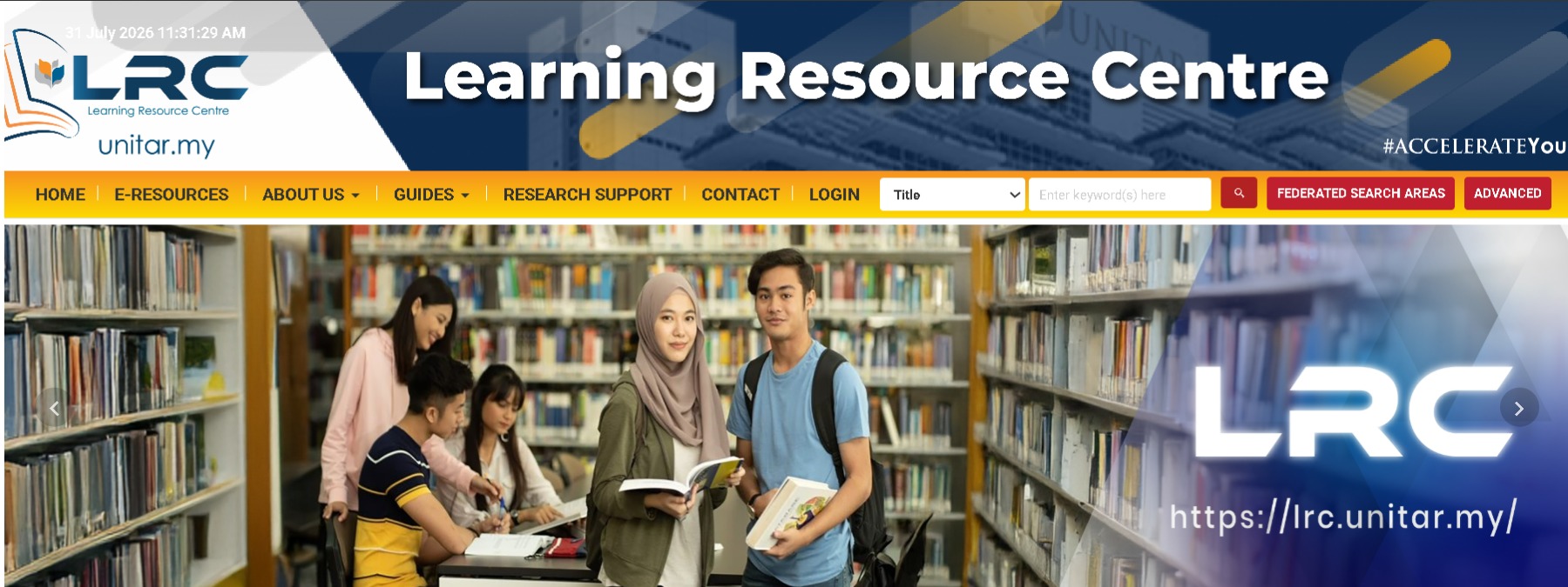 The Learning Resource Centre website at lrc.unitar.my, with navigation for e-resources, guides, and research support, and a keyword search box