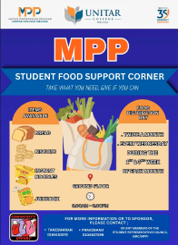 MPP Student Food Support Corner poster — take what you need, give if you can, listing bread, canned goods, dry food, biscuits, drinks and instant noodles
