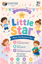 Little Star Music and Movement Day poster — 24 July 2026 at the Library, UNITAR College Melaka, where little hearts move, music plays, and confidence shines