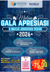 Malam Gala Apresiasi & Majlis Anugerah Dekan 2026 poster — 12 February 2026 at Noble Resort Hotel Melaka, denim and pearls dress code