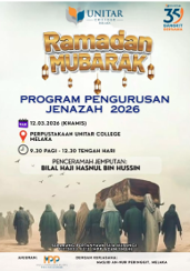 Ramadan Mubarak poster for Program Pengurusan Jenazah 2026 — 12 March 2026 at the UNITAR College Melaka library