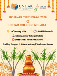 Uzhavar Thirunaal 2026 poster — 29 January 2026 at the UNITAR College Melaka library, traditional attire, with cooking, kolam making and traditional games