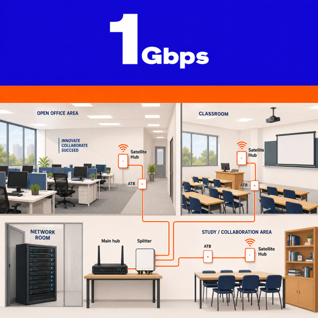 A 1Gbps campus network diagram showing the network room main hub and splitter feeding satellite hubs in the open office area, classroom, and study and collaboration area