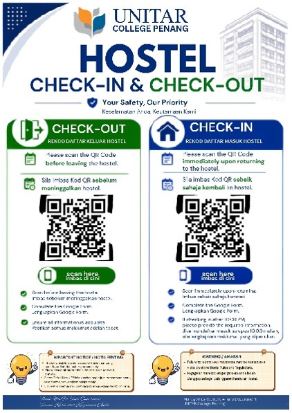 Hostel Check-In and Check-Out poster with separate QR codes to scan before leaving and on returning to the hostel