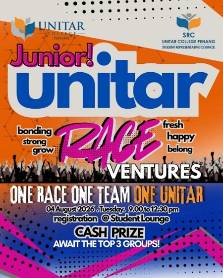 Junior UNITAR Race Ventures poster — One Race One Team One UNITAR, 4 August 2026, registration at the Student Lounge, with cash prizes for the top three groups