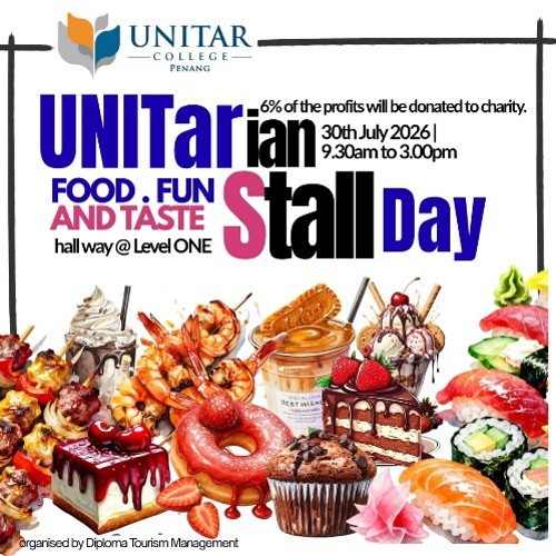UNITARian Stall Day poster — Food, Fun and Taste, 30 July 2026, hallway at Level One, with 6% of profits donated to charity