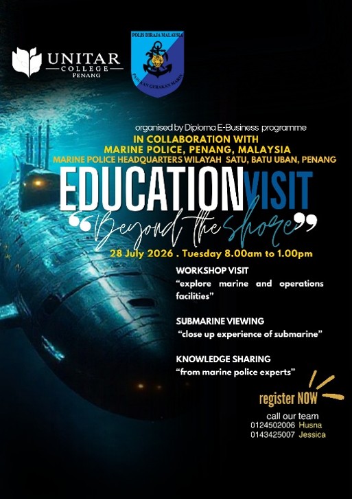 Beyond the Shore education visit poster — 28 July 2026 with the Marine Police, Penang, covering a workshop visit, submarine viewing, and knowledge sharing