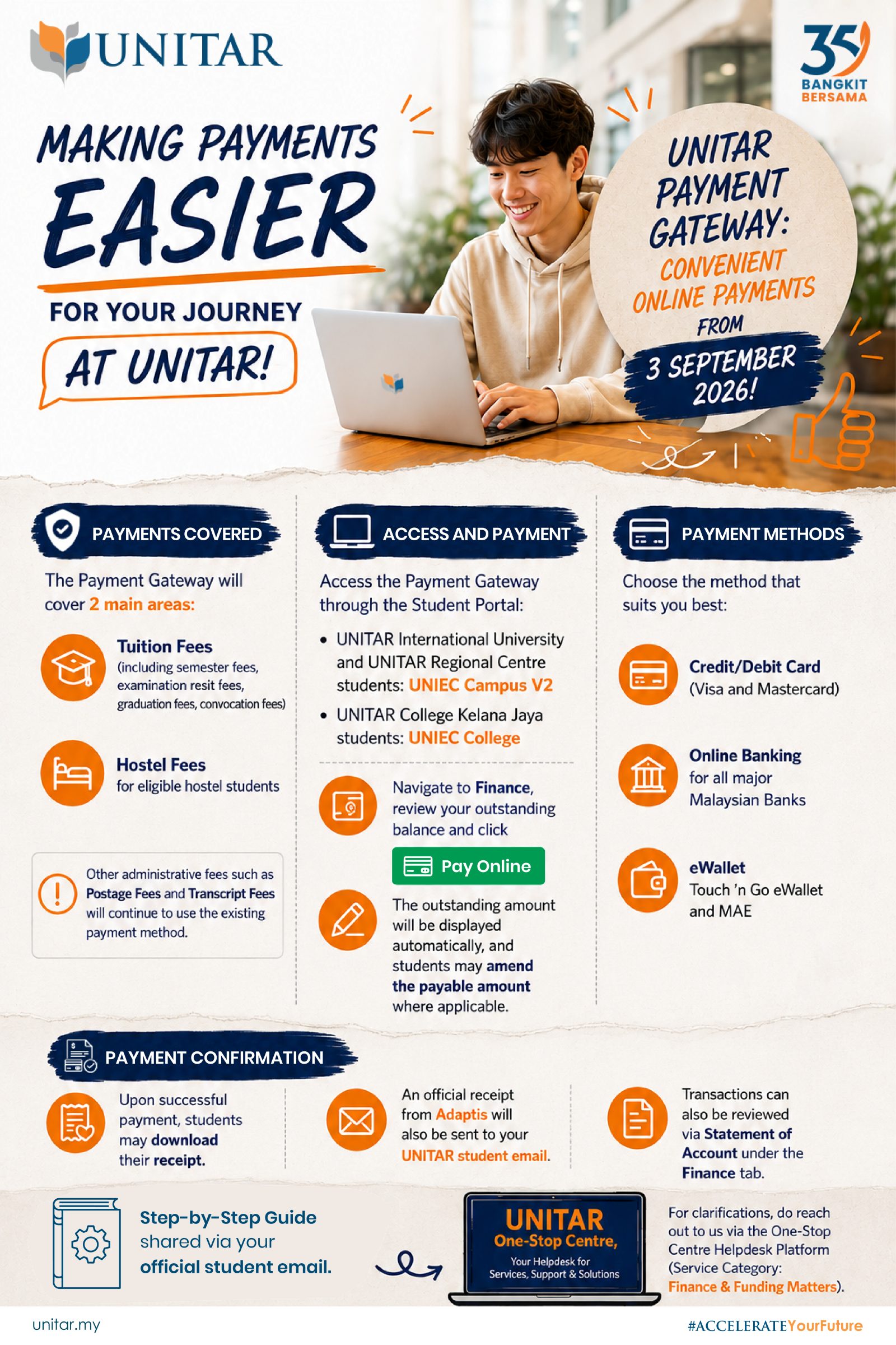 UNITAR Payment Gateway poster — convenient online payments from 3 September 2026, covering tuition and hostel fees, accessed through UNIEC Campus V2 or UNIEC College, with credit/debit card, online banking, and eWallet options, and receipts sent to your UNITAR student email