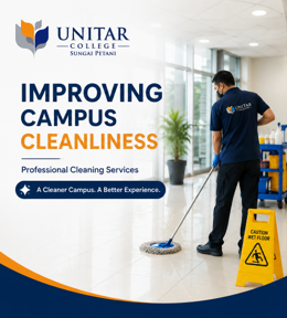 Improving Campus Cleanliness poster — professional cleaning services, showing a cleaner mopping a corridor beside a caution wet floor sign, with the line 'A Cleaner Campus. A Better Experience.'