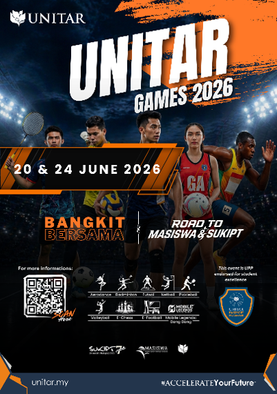 UNITAR Games 2026 poster, with the theme Bangkit Bersama, the dates 20 and 24 June 2026, and the eleven sports on the programme