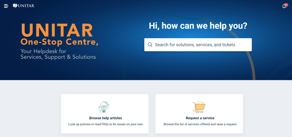 The UNITAR One Stop Centre helpdesk portal, with a search bar and options to browse help articles or request a service