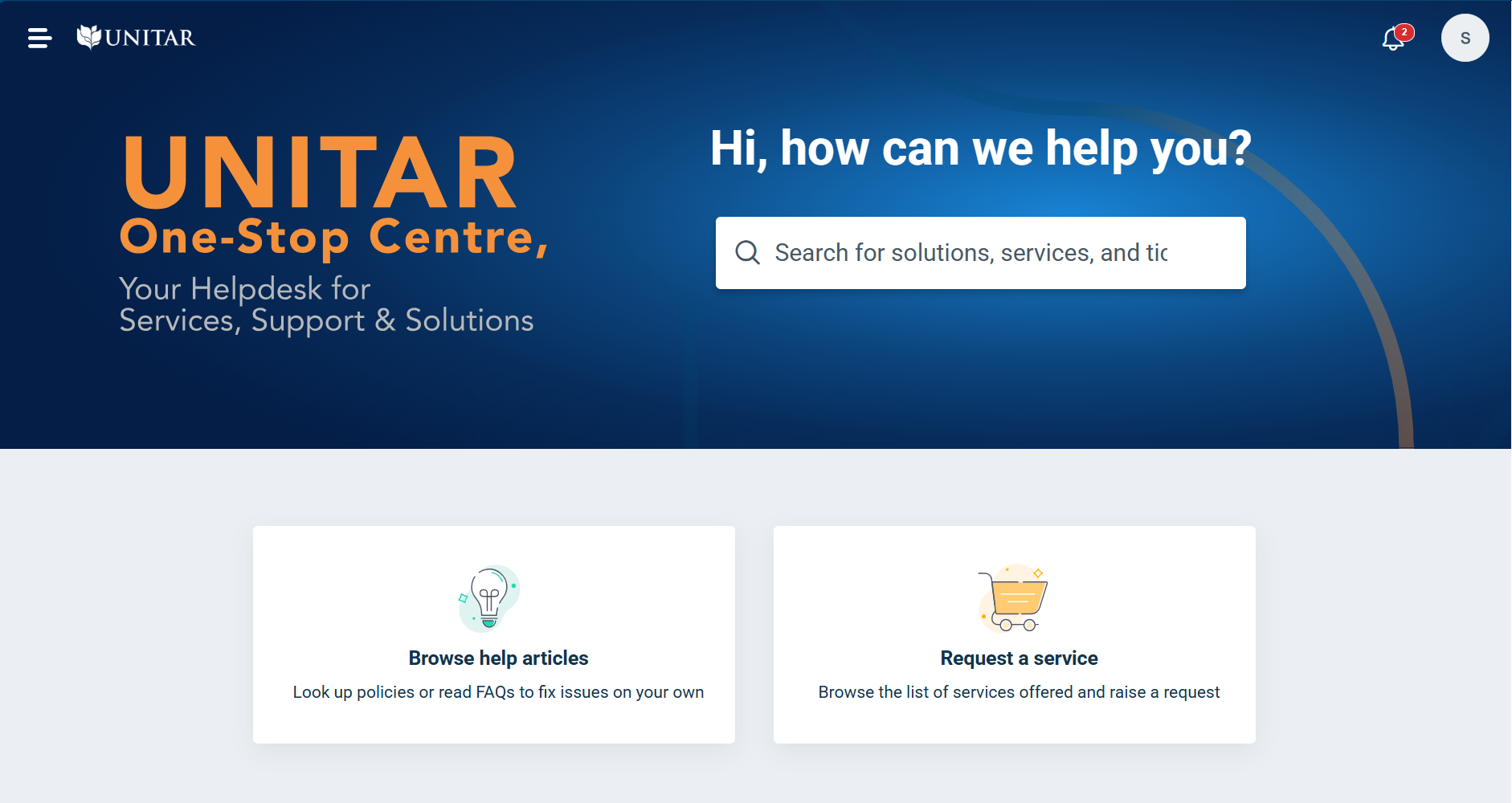 The UNITAR One-Stop Centre helpdesk portal, with a search bar and cards to browse help articles or request a service